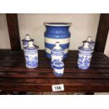 5 Spode continental views blue & white spice jars & 1 other & a TG Green storage jar with wrong