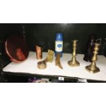 A quantity of brass & copper including Victorian candlesticks & a bakelite hot water jug