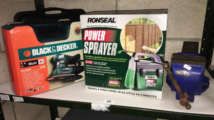 A boxed Ronseal power sprayer, a boxed Black & Decker Kazzoek plane,