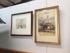 2 framed and glazed pictures of Lincoln Cathedral and scarecrow in field