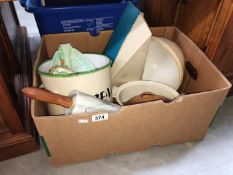 A quantity of kitchen ware including enamel bread bin without lid