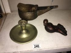 An eastern copper bowl with spout a pottery bird & silver plate candlestick