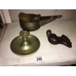 An eastern copper bowl with spout a pottery bird & silver plate candlestick