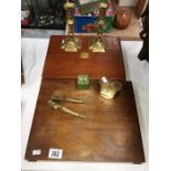 2 wooden cases with cutlery & brassware including candlesticks