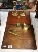 2 wooden cases with cutlery & brassware including candlesticks
