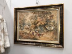 A large watercolour of cattle in woodland with cottage behind signed P.