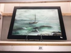 A watercolour on canvas of a sailing ship