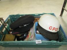 A collection of Royal Mail/post office/GPO memorabilia including hats, scales, pouches,