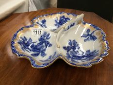 A Royal Doulton Edwardian Iris pattern flo blue 3 section hors d'ouvre dish