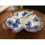 A Royal Doulton Edwardian Iris pattern flo blue 3 section hors d'ouvre dish