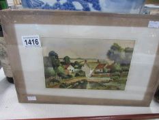 A watercolour of farm buildings in rural landscape signed R E Carter