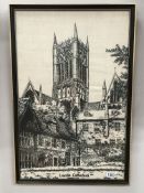 A mid 20th century framed and glazed embroidery of Lincoln Cathedral