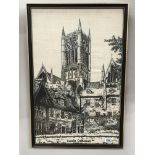 A mid 20th century framed and glazed embroidery of Lincoln Cathedral