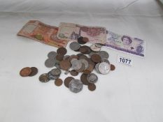 A mixed lot of coins and 3 old bank notes