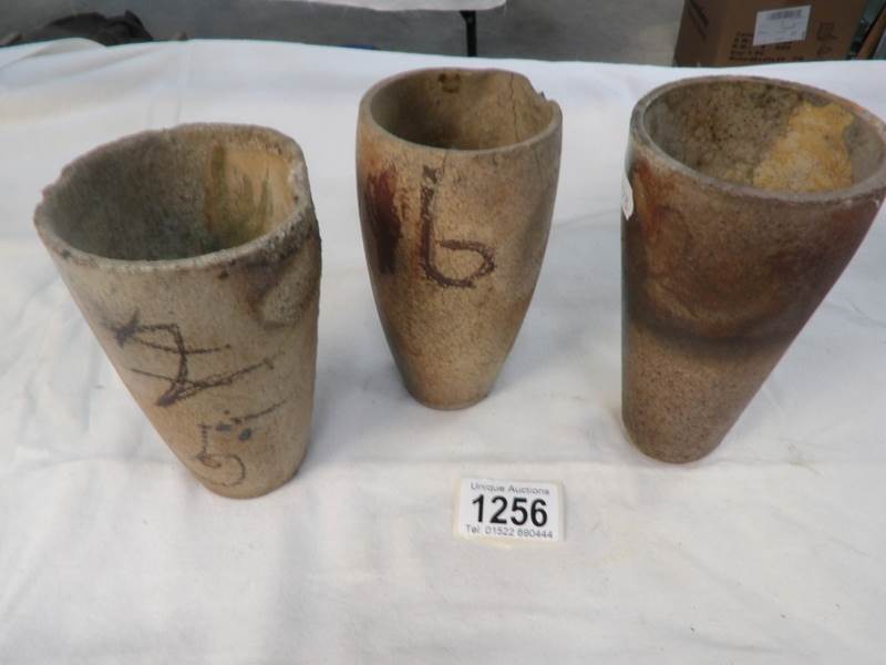 3 early studio pottery vases, no marks, one has chip and another has 2 cracks, 5.