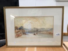 A framed and glazed lake and mountain scene in watercolour,