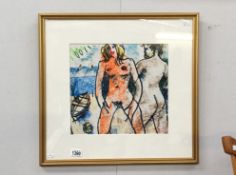 A studio stamped impressionist work in wax crayon of a beach scene with 2 nudes standing by Peter