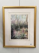 A framed and glazed woodland scene with foxgloves signed G Beale