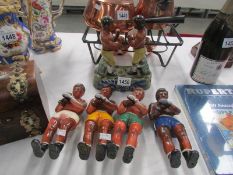 4 painted metal figures of boxers and a staffordshire figure of boxers