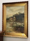 An oil on canvas watermill by river scene signed J.G.