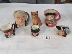 A Royal Doulton ginger cat together with 5 character jugs (Long John Silver, The Lawyer,