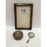 A silver photo frame a/f, a silver mirror a/f and a silver embossed rouge pot,