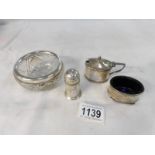 A silver 3 piece condiment set and a silver rimmed bowl