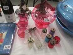 A mixed lot of glassware including cranberry, Jack in the Pulpit, condiments, silver topped etc,