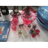 A mixed lot of glassware including cranberry, Jack in the Pulpit, condiments, silver topped etc,