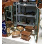 A triple mirror and 2 jewellery boxes