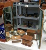 A triple mirror and 2 jewellery boxes