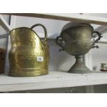 A brass scuttle and a large lidded urn
