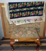 A tapestry footstool and 2 tapestries