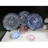 3 blue and white plates including Spode and 3 other items