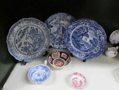 3 blue and white plates including Spode and 3 other items