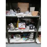 3 shelves of kitchen ware including stainless steel pans etc