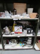 3 shelves of kitchen ware including stainless steel pans etc