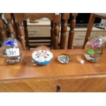 3 glass paperweights including millifiori and a St.