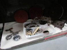 A quantity of old gramaphone parts including turntables,