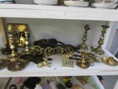 A shelf of brass ware including horse brasses,