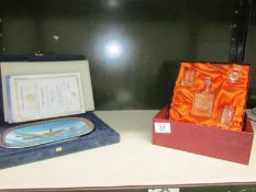 A cased Burns whisky decanter set and a Bradford Mint Lancaster bomber plate