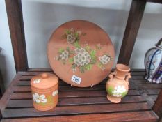 A Watcombe plaque and 2 pots