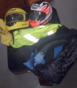 2 motorcycle helmets & suitcase of motorcycle clothes