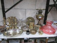 A mixed lot of brass and silver plate including candlesticks,