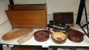 A shelf of wooden items