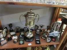 A shelf of assorted trophies