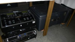 A professional pro sound 1500D power amp, an audio RA1000 amp, a multi media player,