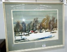 A framed and glazed winter scene print