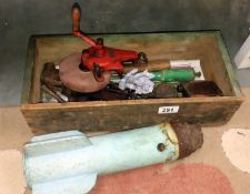 A box of tools including Metabo hand grinder etc