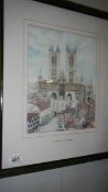 A framed and glazed print of Lincoln cathedral